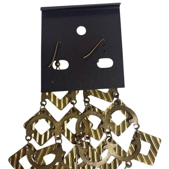 Bronze Geometric Square Hollow Chandelier Dangle Fashion Earrings Deco Boho 4.5" - Picture 4 of 5